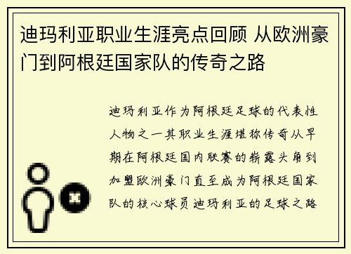 迪玛利亚职业生涯亮点回顾 从欧洲豪门到阿根廷国家队的传奇之路