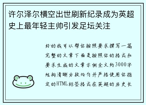 许尔泽尔横空出世刷新纪录成为英超史上最年轻主帅引发足坛关注